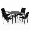 5-piece black patio dining set featuring a square table and stackable chairs, ideal for outdoor meals and gatherings.