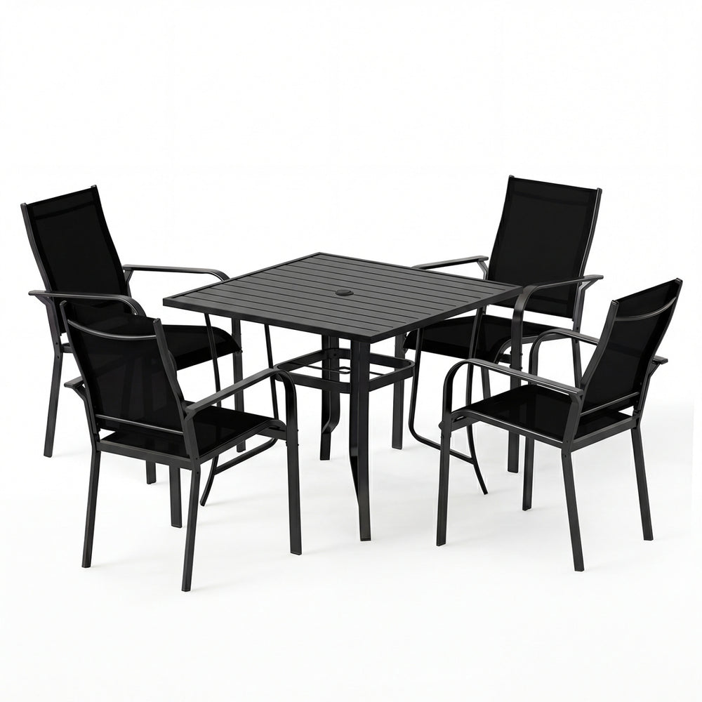 5-piece black patio dining set featuring a square table and stackable chairs, ideal for outdoor meals and gatherings.