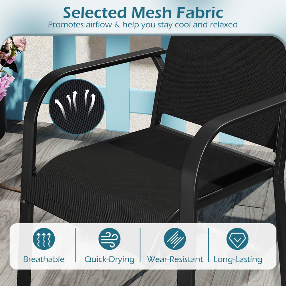 Close-up of breathable mesh fabric on a stackable chair from the 5 Pieces Patio Dining Set, ideal for outdoor use.