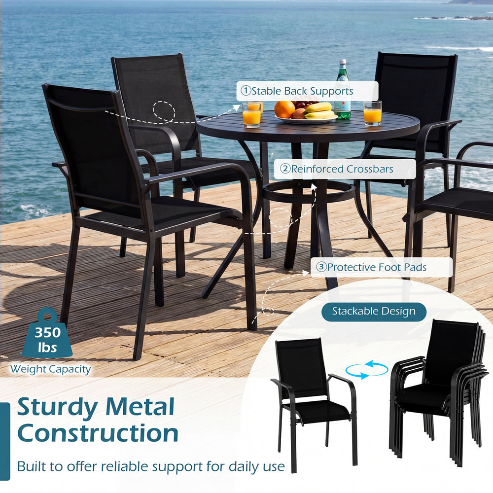 5-piece patio dining set featuring a square table and stackable black chairs, perfect for outdoor meals and gatherings.
