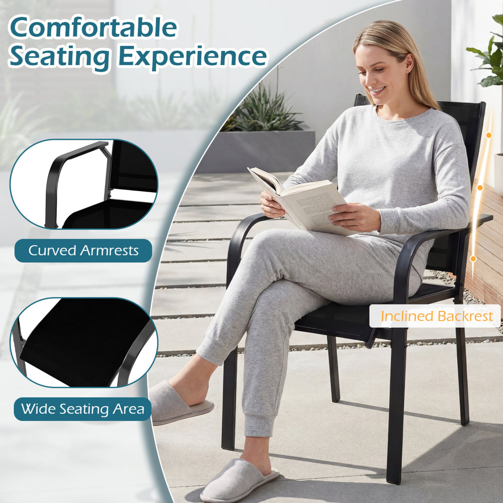 Stackable chair with ergonomic backrest and curved armrests, featuring breathable mesh fabric for outdoor patio use.
