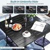 Square patio dining table featuring a built-in umbrella hole, designed for outdoor use with stackable chairs.