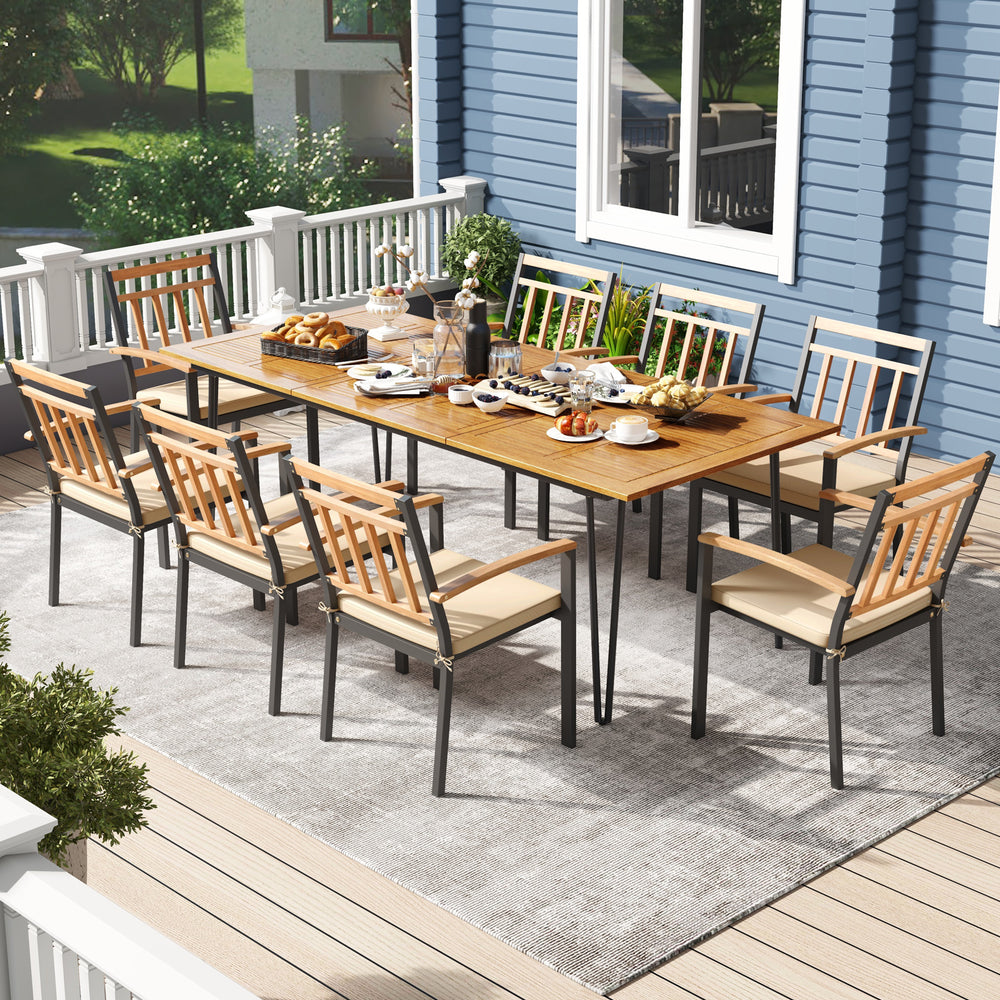 Rectangular patio dining set with 8 acacia wood chairs, umbrella hole, and soft padded cushions for outdoor gatherings.