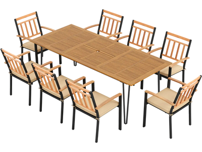 Costway 9-Pc Patio Dining Set w/ 8 Chairs & Umbrella Hole 94587321 New