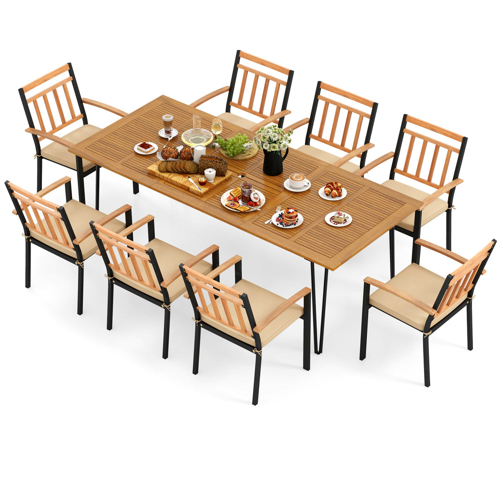 Rectangular acacia wood patio dining set with 8 chairs, umbrella hole, and soft padded cushions for outdoor gatherings.