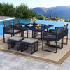 9-piece patio dining set featuring gray cushions, sturdy metal frame, and tempered glass tabletop for outdoor dining.