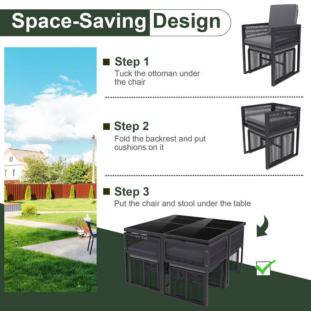 Space-saving 9-piece patio dining set in gray with cushions, featuring a foldable design for compact storage in outdoor.