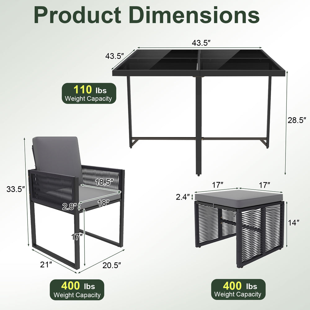 Dimensions of the 9-piece patio dining set with gray cushions, featuring a sturdy metal frame and tempered glass.