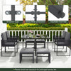 9-piece gray patio dining set featuring cushioned chairs and a tempered glass tabletop, perfect for outdoor gatherings.