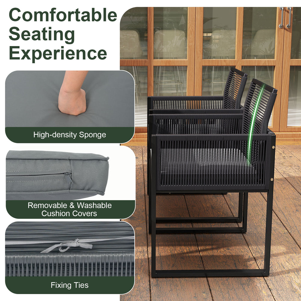 Gray patio dining set featuring a comfortable chair with removable cushion covers and sturdy metal construction for.