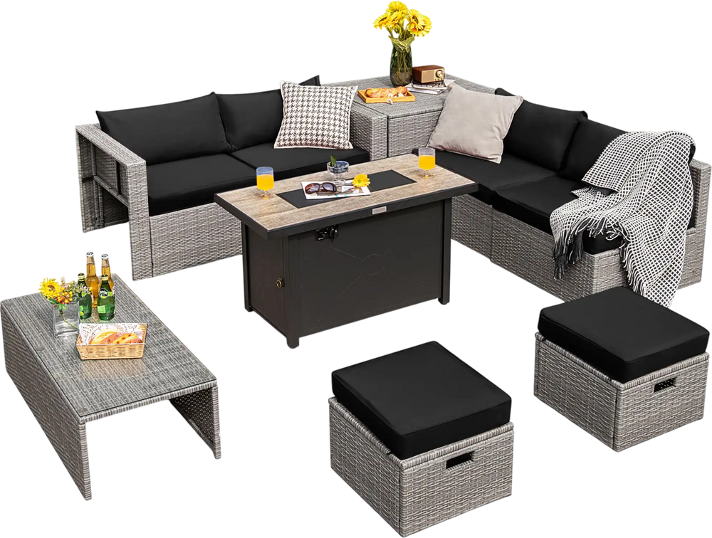 9-piece patio furniture set featuring a black fire pit table, soft cushions, and hand-woven PE wicker for outdoor.
