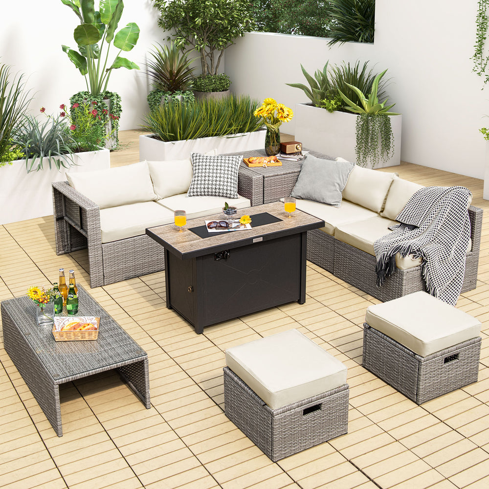 9 Pieces Patio Furniture Set with 42 Inches 60000 BTU Fire Pit-White - Gallery View 1 of 11