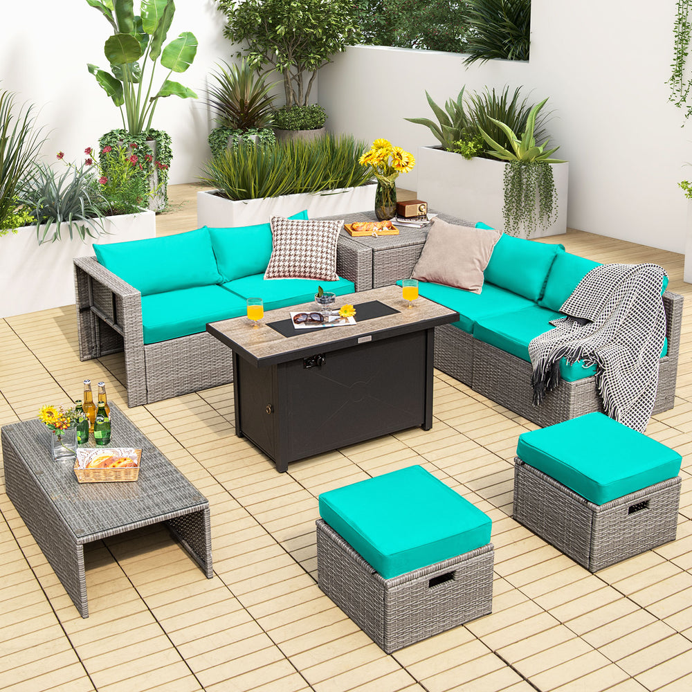 9 Pieces Patio Furniture Set with 42 Inches 60000 BTU Fire Pit-Turquoise - Gallery View 1 of 11