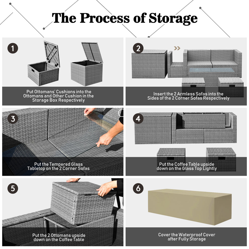 Storage process for the 9-piece patio furniture set, featuring PE wicker and waterproof covers for protection.