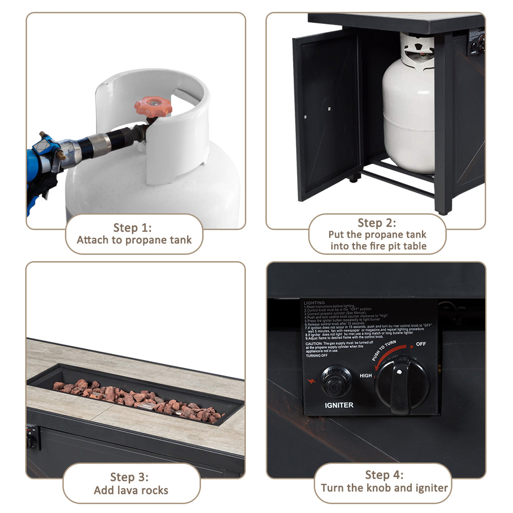Step-by-step guide for setting up the 42-inch fire pit with propane tank and lava rocks for outdoor use.