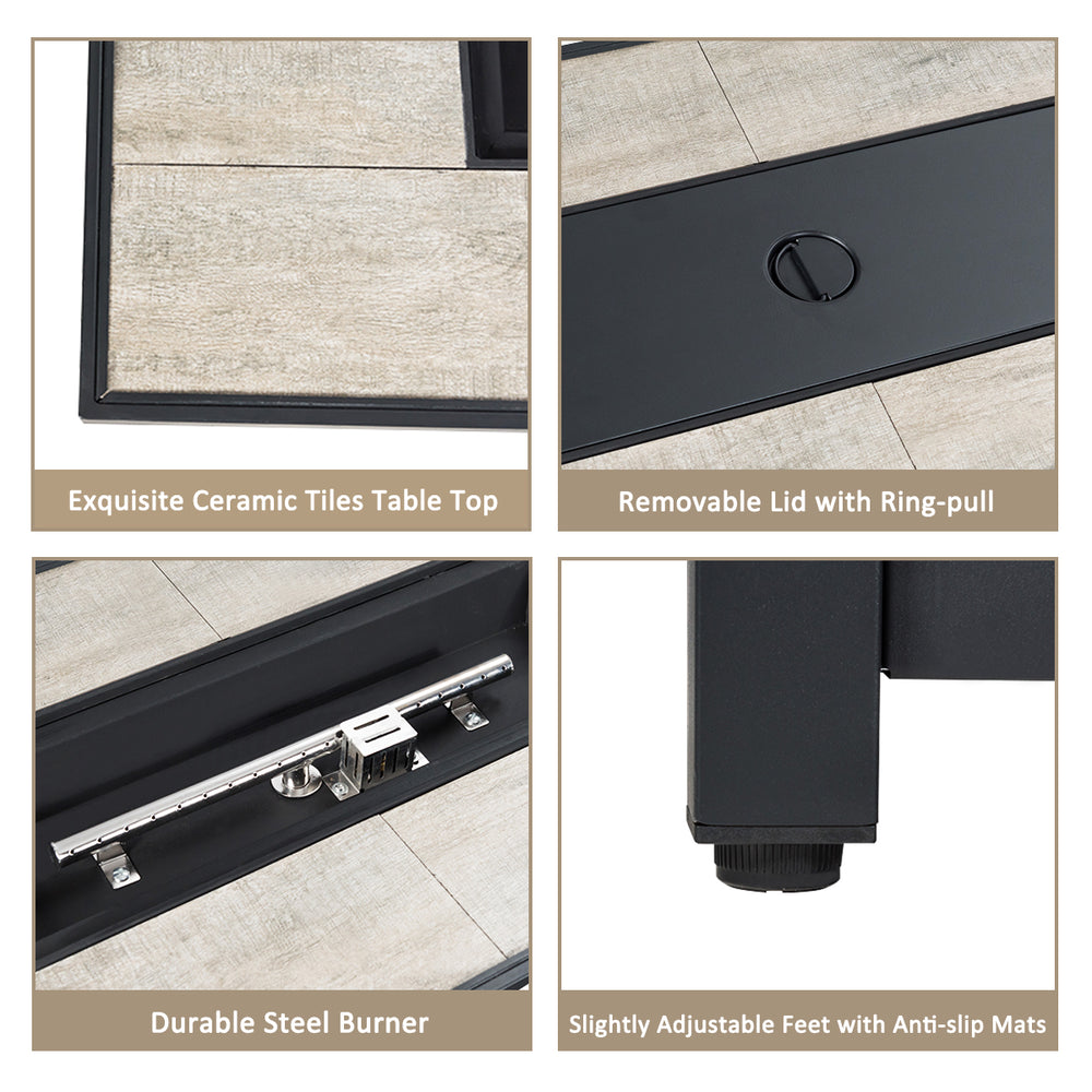 Close-up of the durable steel burner and removable lid with ring-pull on the 9-piece patio furniture set fire pit.