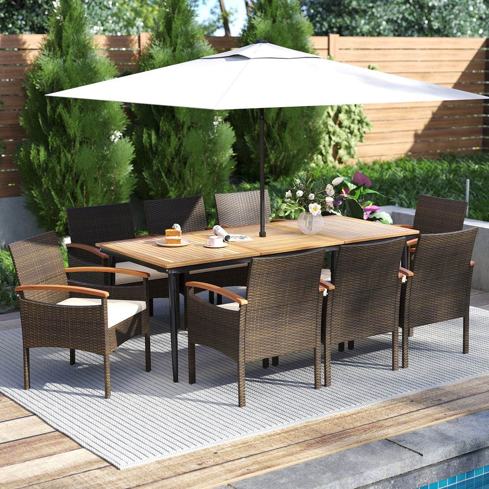 9-piece patio dining set featuring PE wicker chairs with cushions and a sturdy acacia wood table, perfect for outdoor.