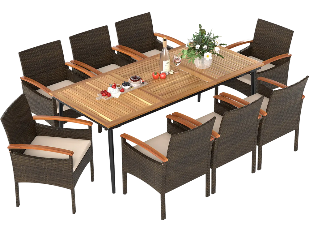 9 Pieces Patio PE Wicker Dining Set with Cushions and Umbrella Hole