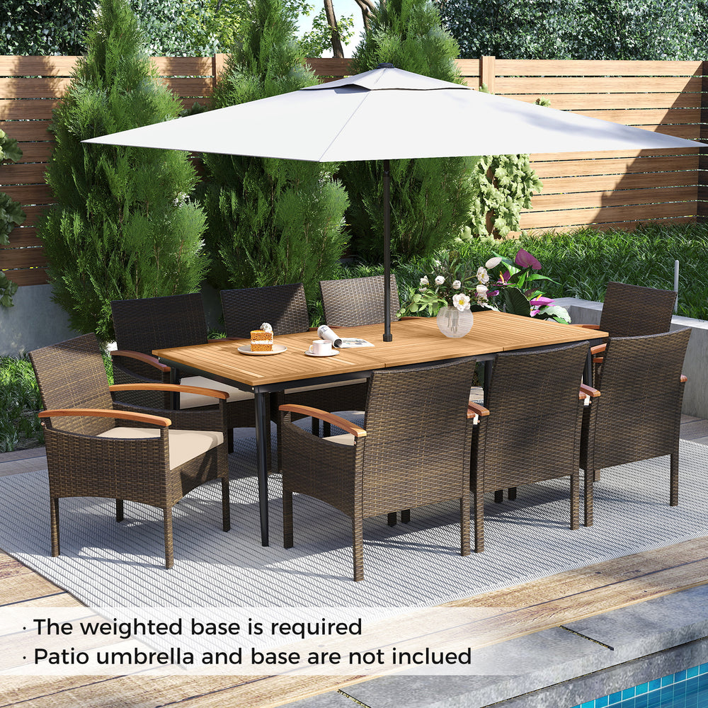 Close-up of the plush seat cushion on a PE wicker chair from the 9-piece patio dining set, designed for comfort.