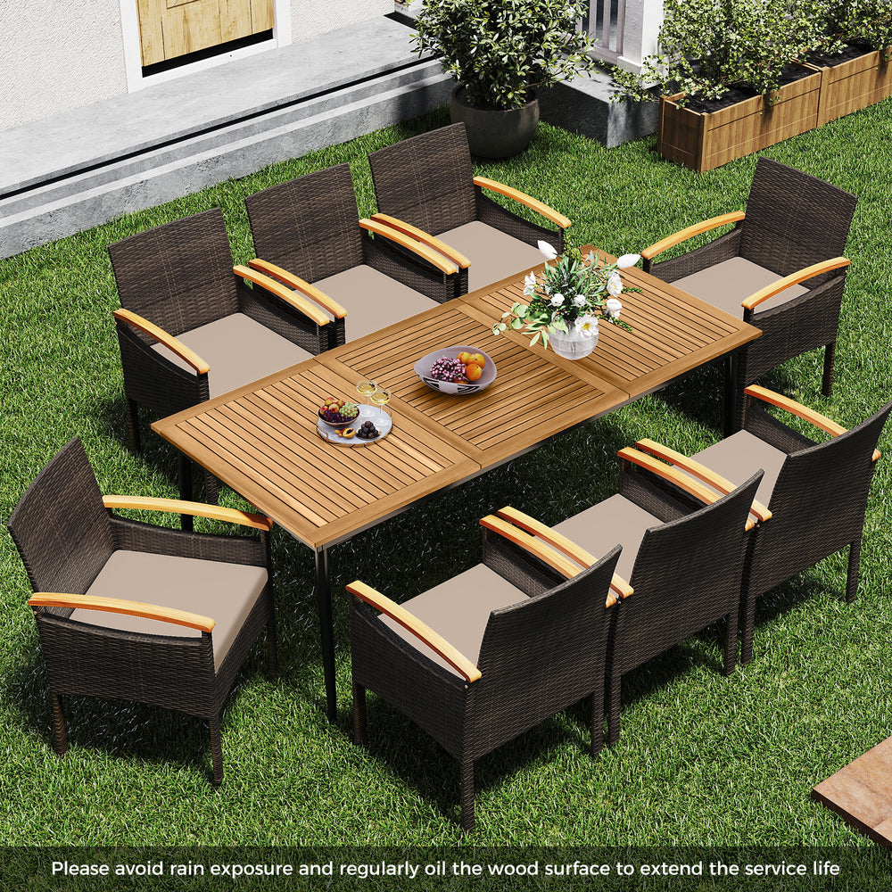 9-piece patio dining set featuring PE wicker chairs with cushions and a natural acacia wood table, perfect for outdoor.