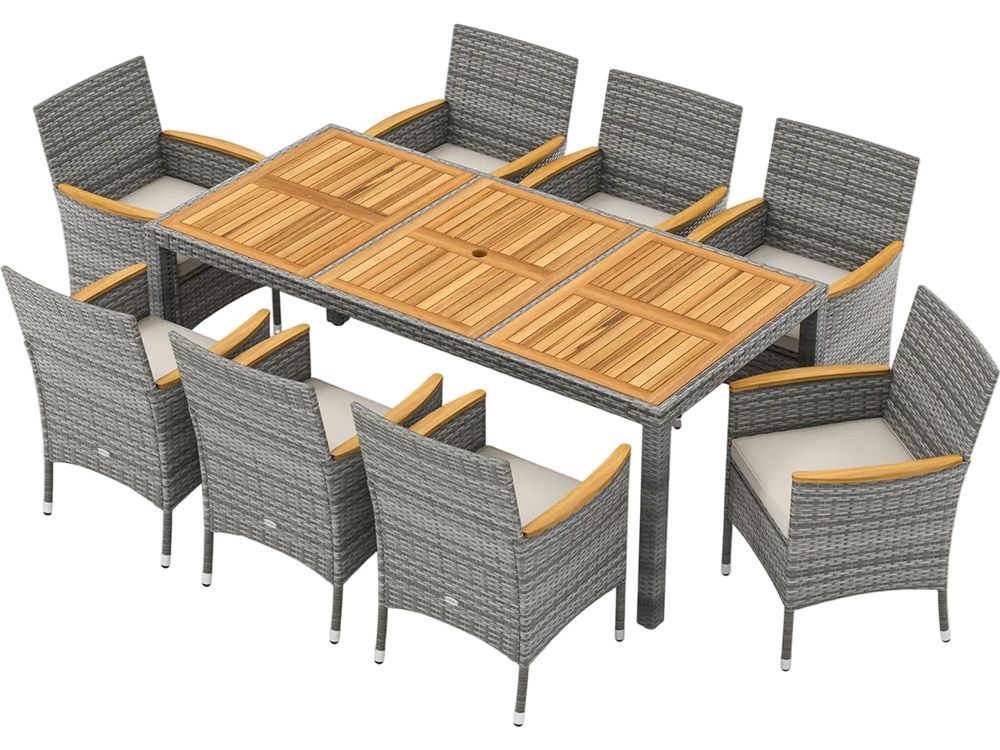 9-piece patio dining set featuring PE wicker chairs and solid acacia wood table, perfect for outdoor dining.