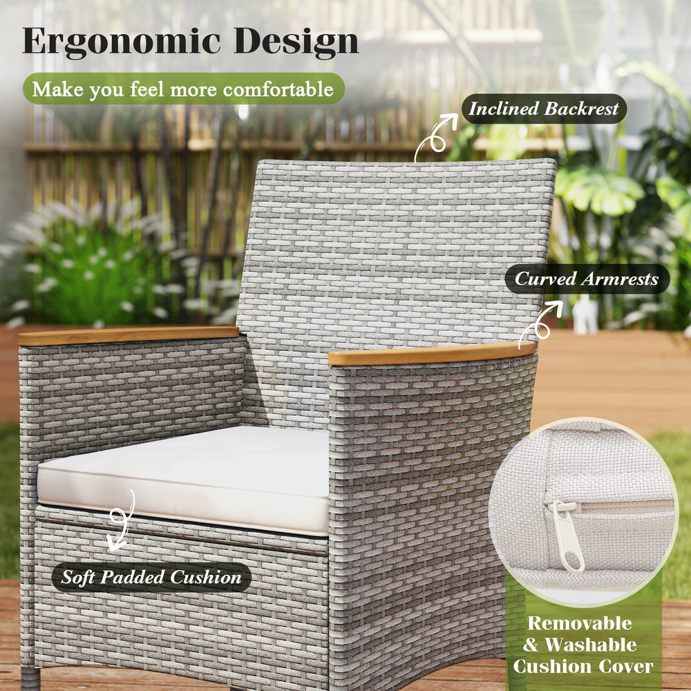 Ergonomic patio chair with soft padded cushion, inclined backrest, and curved armrests in durable PE rattan for outdoor.