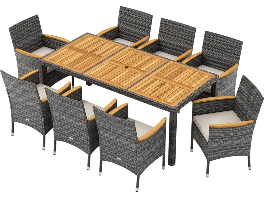 9 Pieces Rattan Patio Dining Set with Acacia Wood Table and Cushioned Chair