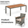 Rattan patio dining set featuring a 71” x 36” acacia wood table and cushioned chairs, ideal for outdoor spaces.