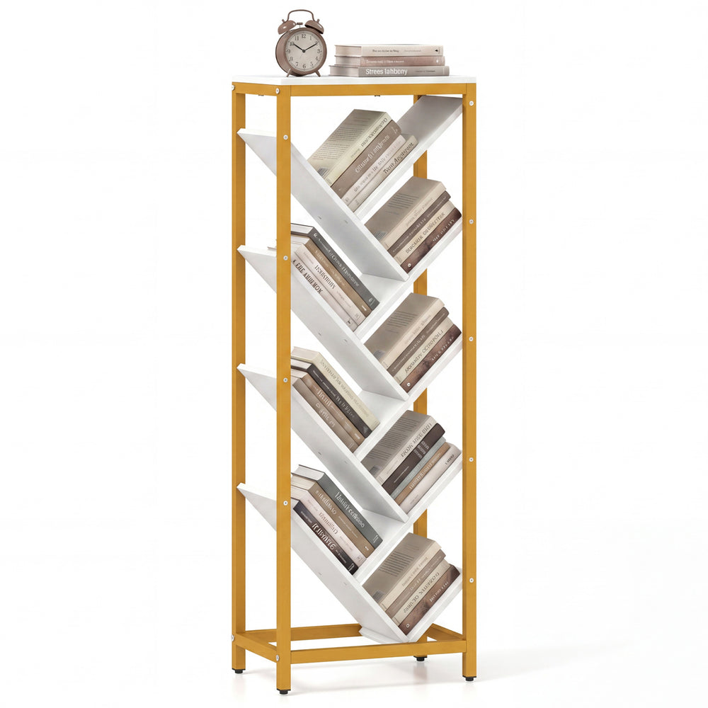 9-tier freestanding bookcase in white with yellow frame, ideal for hardcover books, perfect for living room or office.