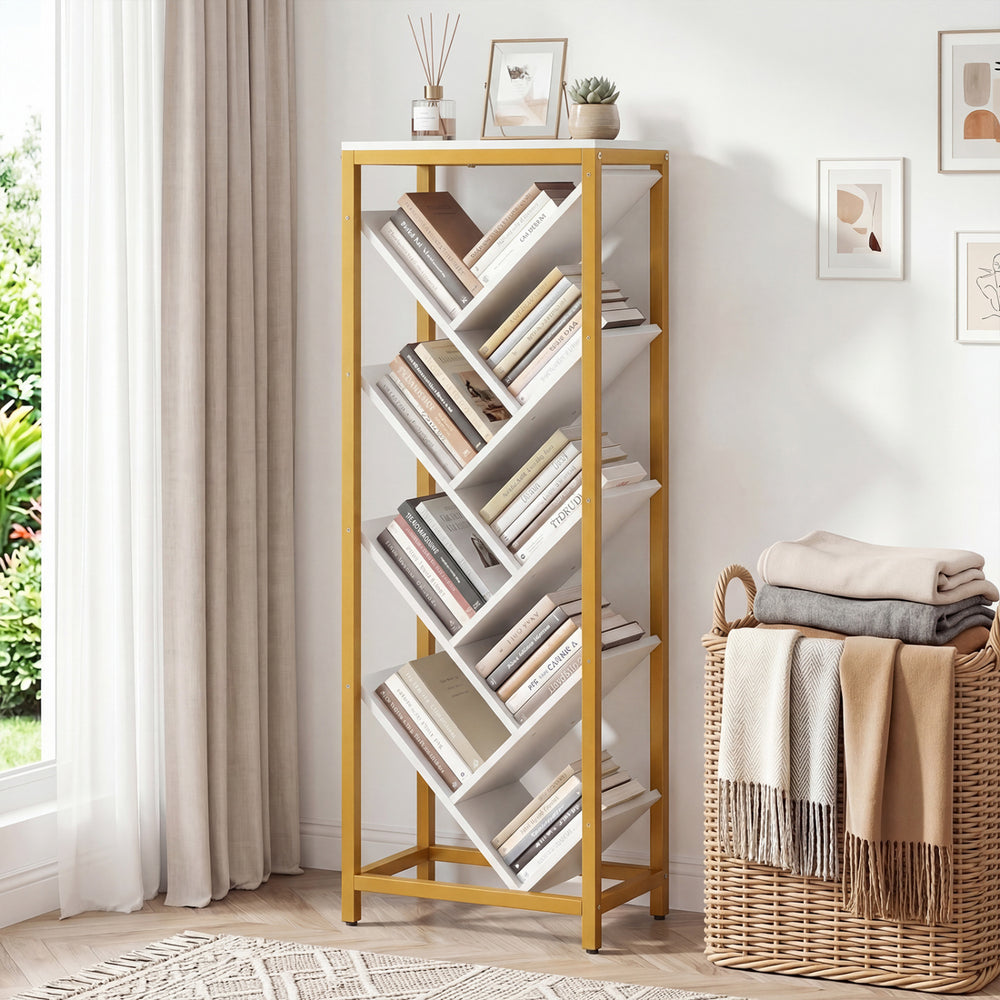 9-tier freestanding bookcase in white with gold metal frame, ideal for storing hardcover books in any room.