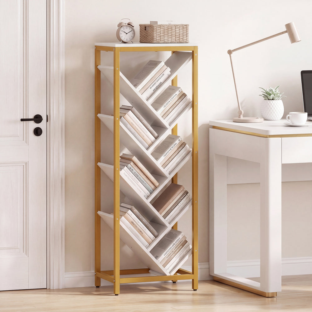 9-tier freestanding bookcase in white with gold frame, ideal for storing hardcover books in living room or office.