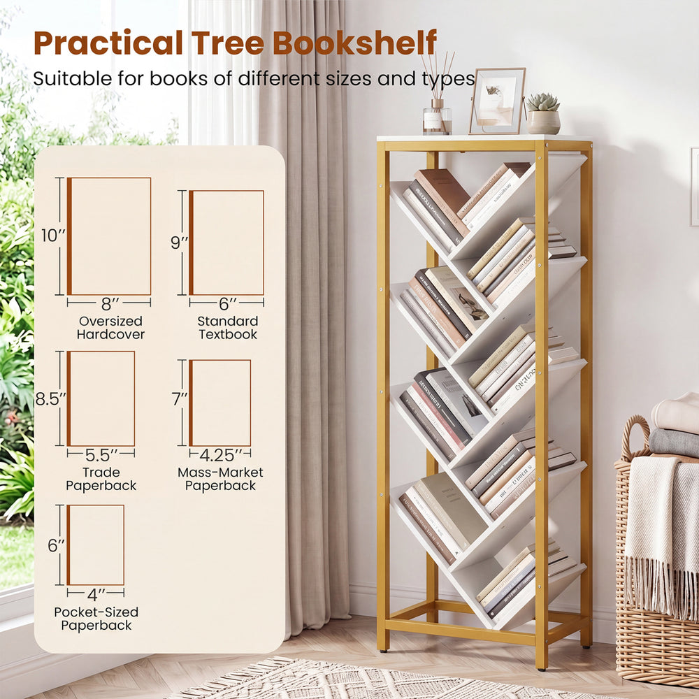 9-tier freestanding bookshelf in white with a metal frame, ideal for various book sizes in living room or office.
