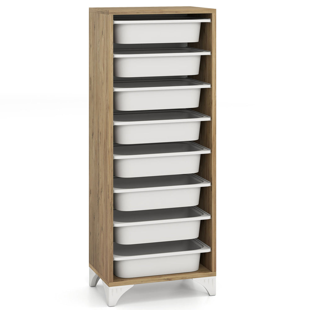 Freestanding 9-tier fruit and vegetable storage rack with 8 slide-out baskets, perfect for maximizing kitchen space.