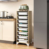 Freestanding 9-tier wooden pantry organizer with 8 slide-out baskets, perfect for maximizing kitchen storage space.