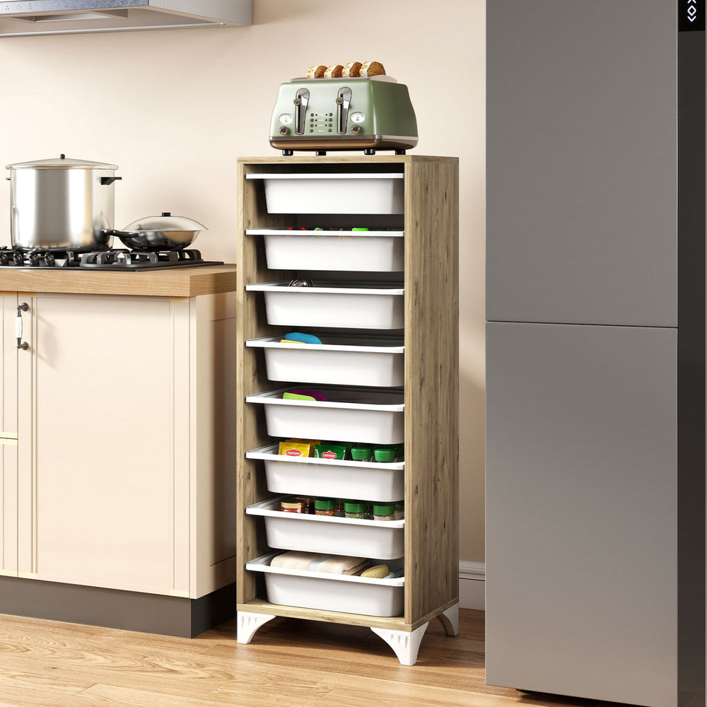 Freestanding 9-tier wooden pantry organizer with 8 slide-out baskets, perfect for maximizing kitchen storage space.