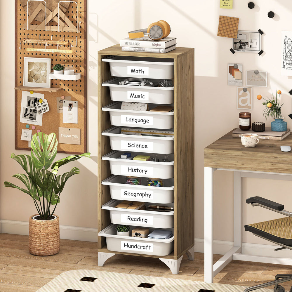 Freestanding 9-tier wooden pantry organizer with 8 slide-out baskets for efficient storage in kitchens or craft rooms.