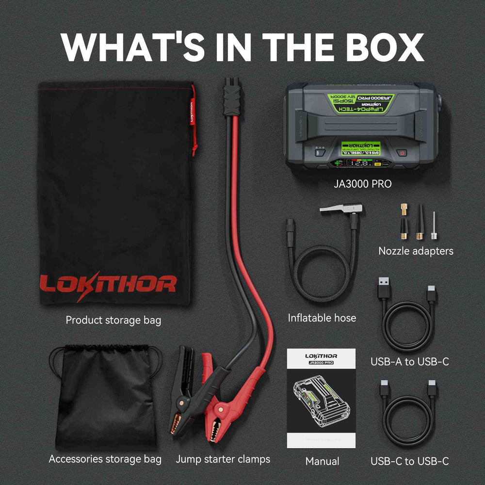 LOKITHOR JA3000 PRO LiFePO4 Jump Starter 3000A with 150PSI Air Compressor for 9.0L Gas / 7.0L Diesel