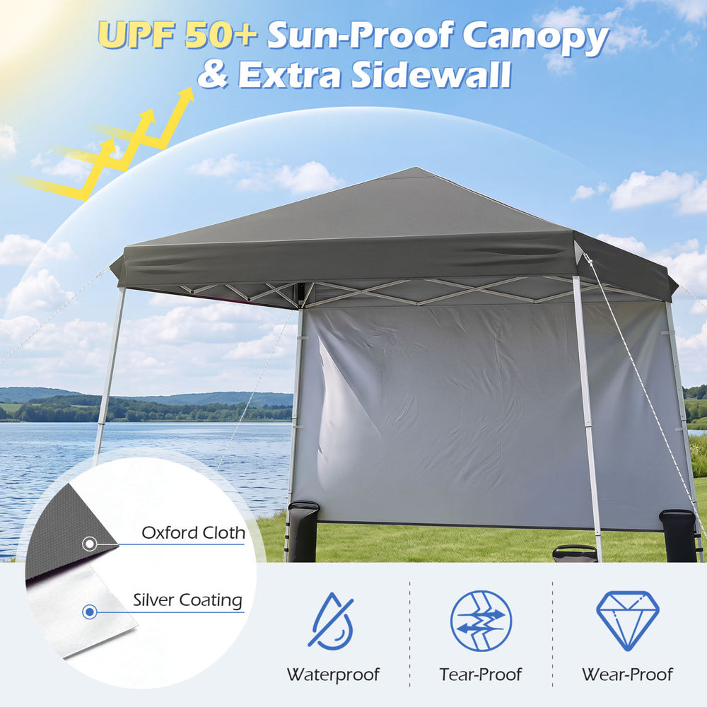 9 ft x 9 ft gray pop-up canopy tent with UPF 50+ protection, waterproof Oxford cloth, and extra sidewall for outdoor events.