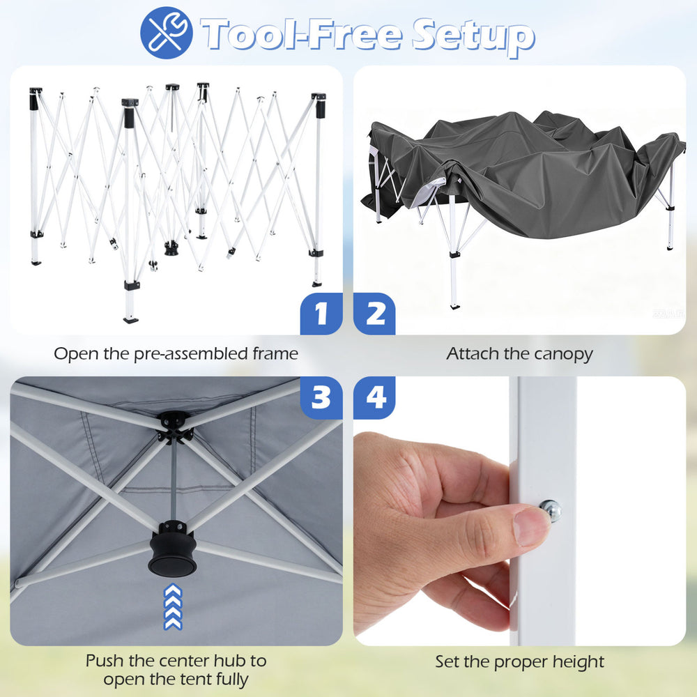 Pop up canopy tent with gray Oxford cloth, adjustable height, and tool-free setup, perfect for outdoor parties and events.