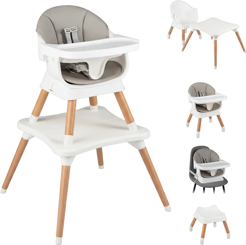 9-in-1 convertible high chair in white with solid wood legs, featuring a removable cushion and adjustable tray for.