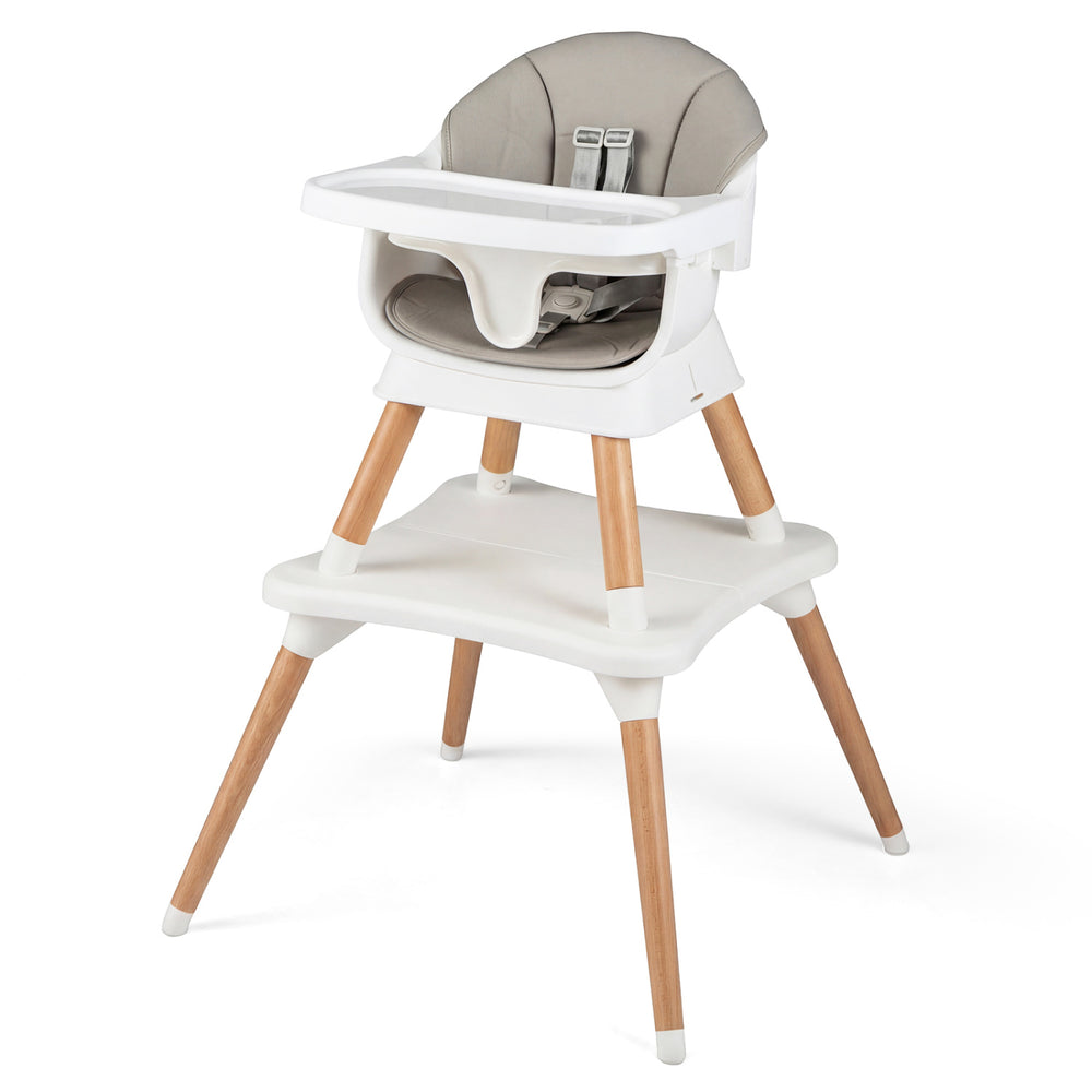 Convertible high chair with solid wood legs, adjustable tray, and removable cushion for babies and toddlers.