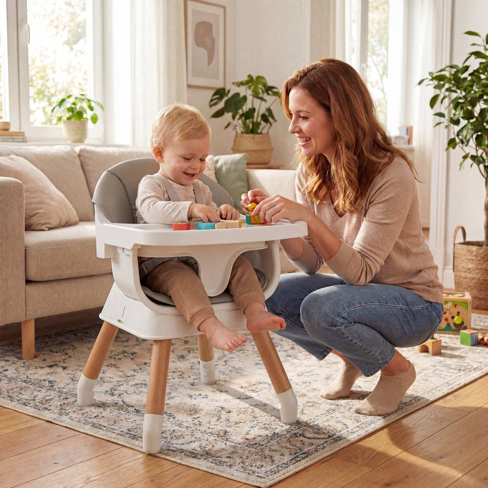 9-in-1 convertible high chair with solid wood legs, featuring a soft cushion and adjustable tray for babies and.