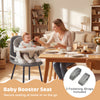 Baby booster seat with fastening straps, featuring a soft cushion and solid wood legs for secure seating at home or on.