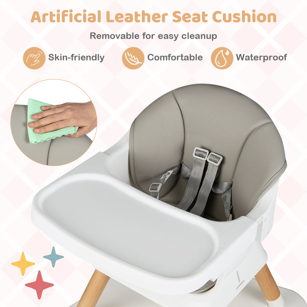 Removable artificial leather seat cushion of a 9-in-1 convertible high chair, easy to clean and waterproof for toddlers.