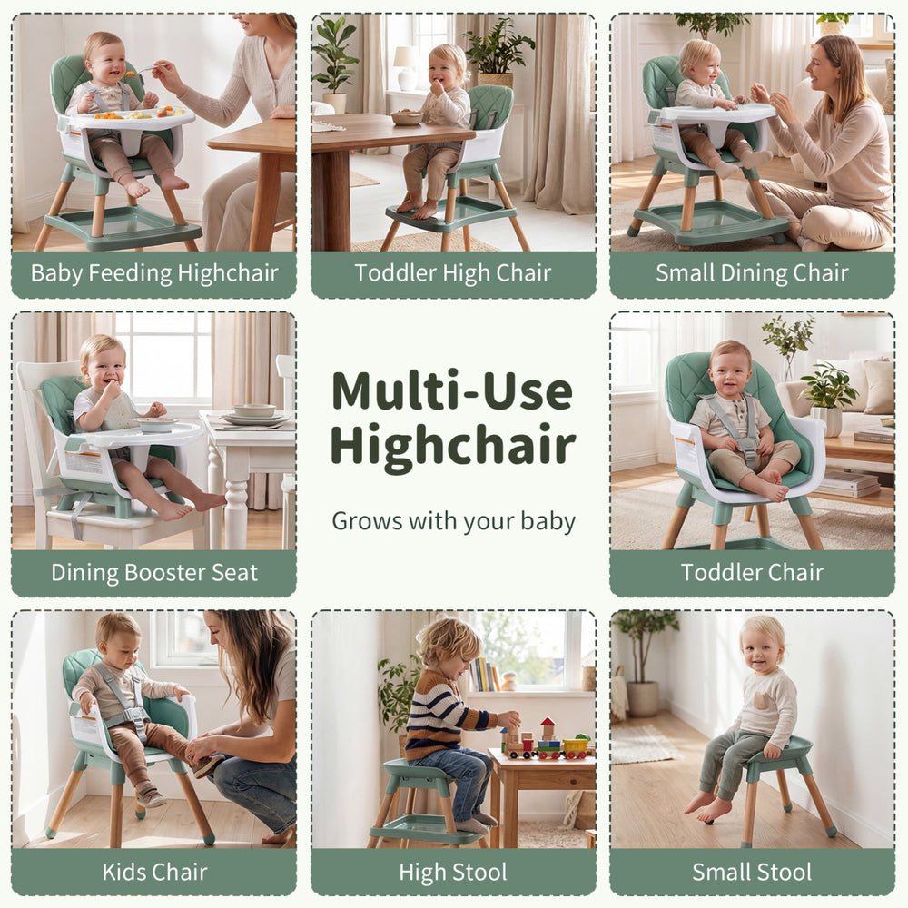 9-in-1 convertible high chair in green, featuring a soft cushion and adjustable tray for versatile use with toddlers.