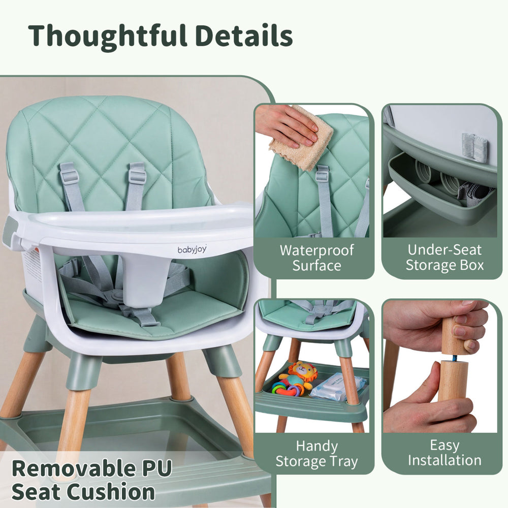 9-in-1 convertible high chair in green with waterproof PU seat cushion and adjustable tray for versatile use.