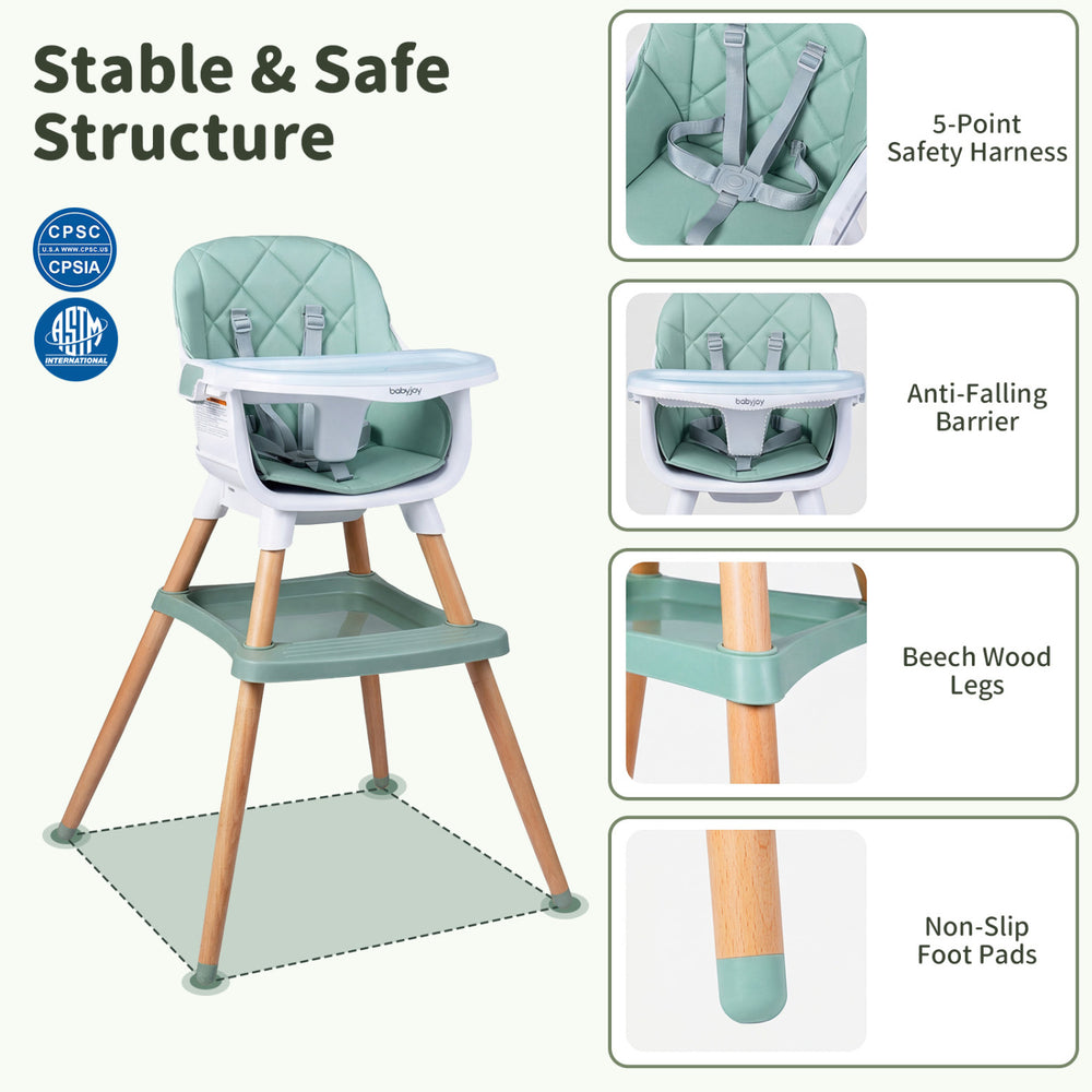 Convertible high chair in green with beech wood legs, 5-point harness, and adjustable tray for babies and toddlers.