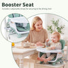 Booster seat in green with adjustable straps, soft PU leather cover, and double tray for dining chair use.