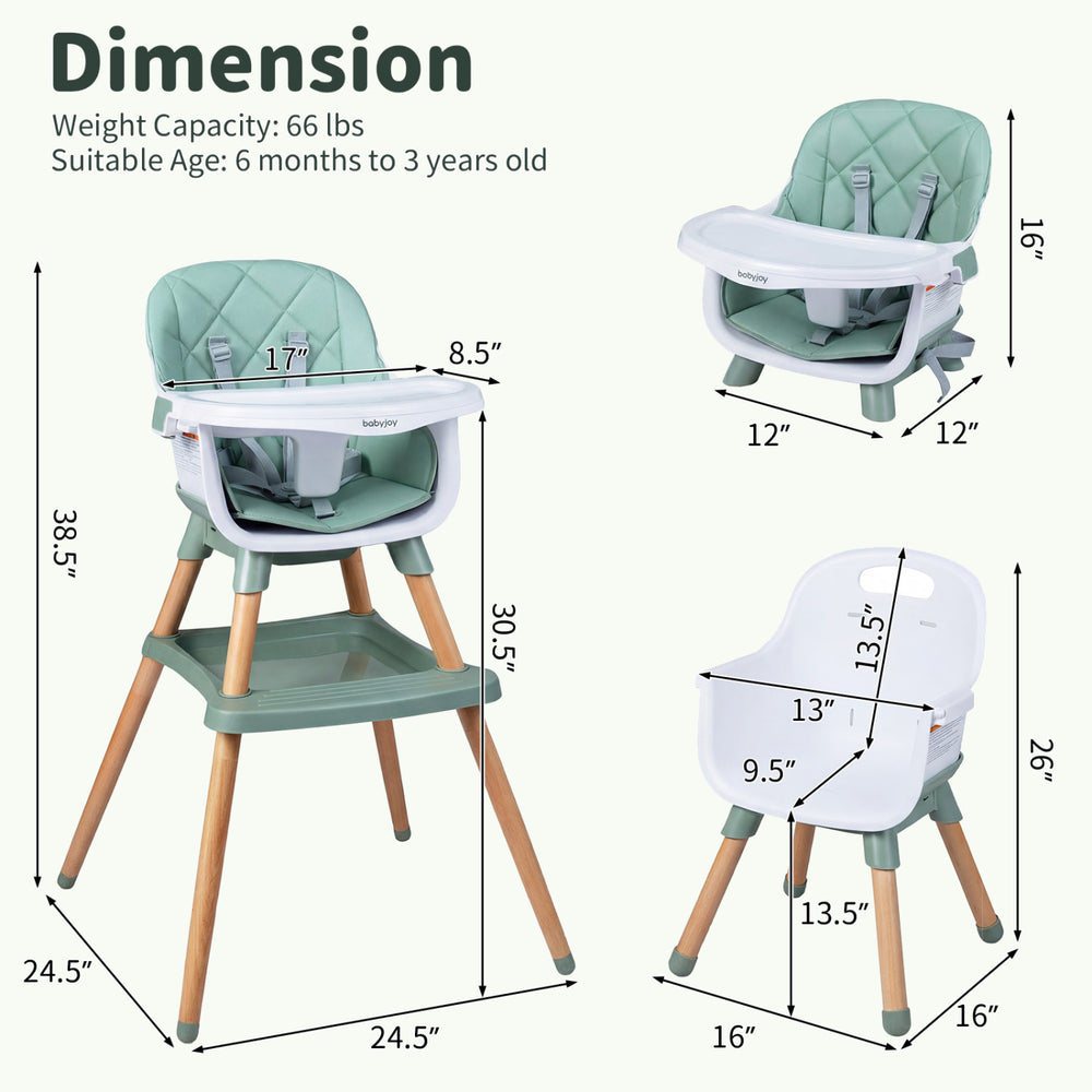 9-in-1 convertible high chair in green with solid wood legs, adjustable tray, and soft PU leather cover for babies and.