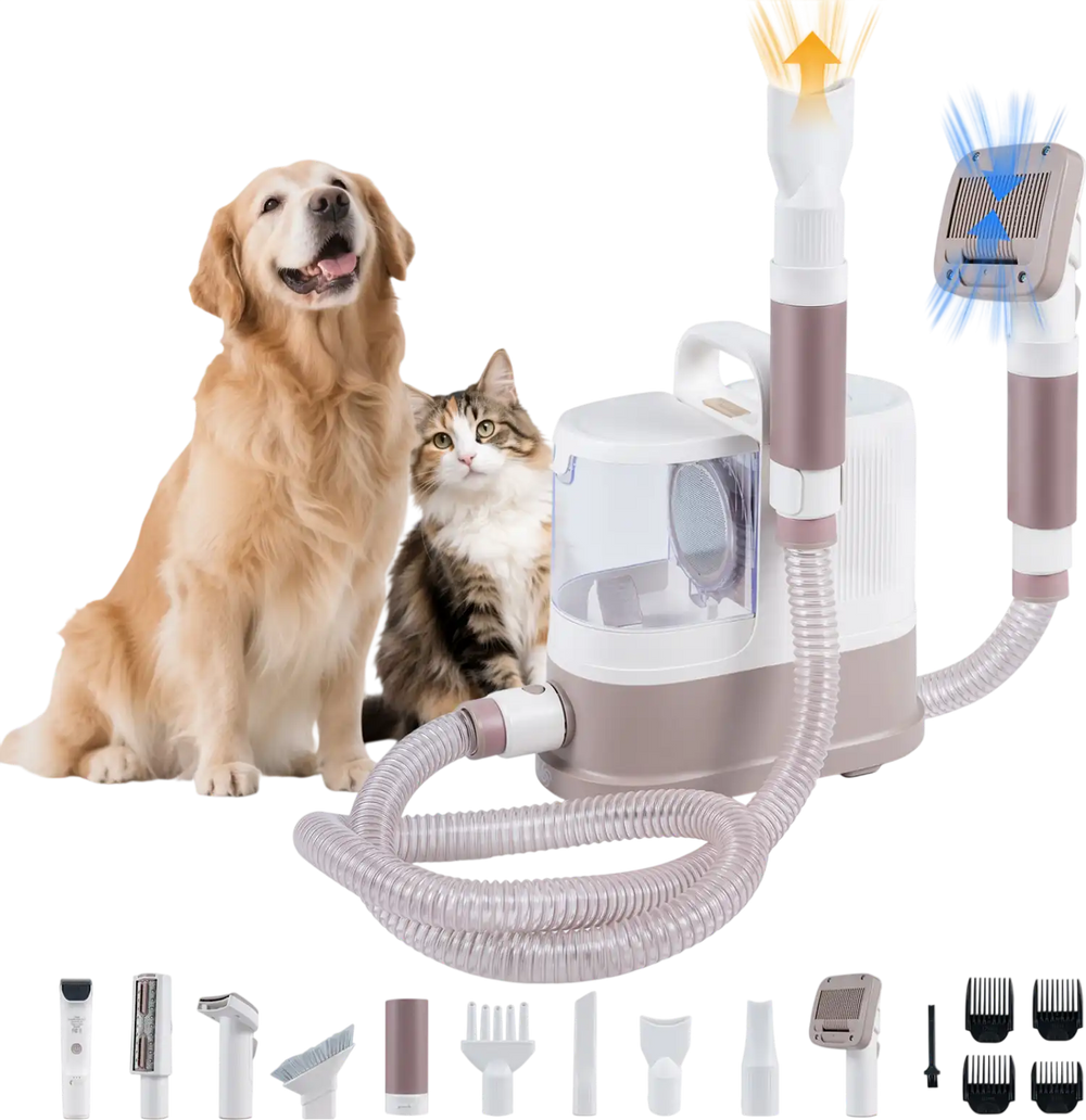 9-in-1 dog grooming vacuum kit with adjustable warm airflow, 3 suction modes, and multiple grooming tools for pets.